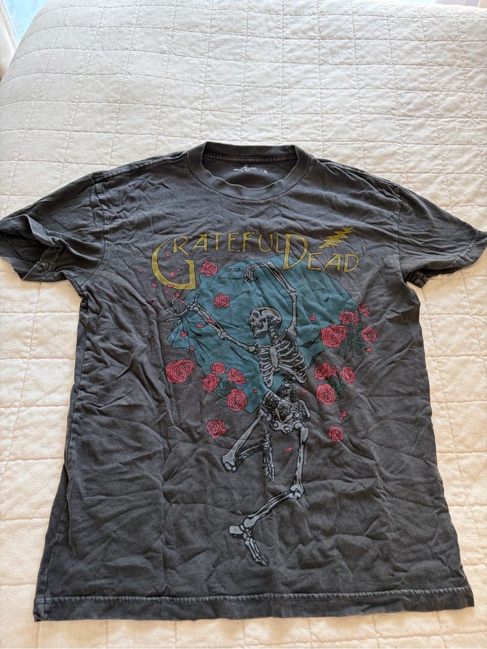 Grateful Dead Black Tee with Dancing Skeleton, Red Roses and Teal Moon